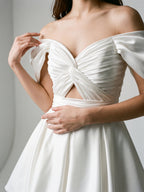 White Satin A-Line Off-the-Shoulder Backless Short Homecoming Dress with Pleating - Curvevia
