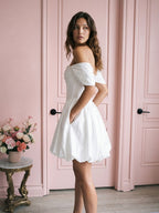 White Satin A-Line Off-the-Shoulder Criss-Cross Straps Mini Homecoming Dress with Beading - Curvevia