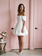 White Satin A-Line Off-the-Shoulder Criss-Cross Straps Mini Homecoming Dress with Beading - Curvevia