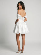 White Satin A-Line Off-the-Shoulder Criss-Cross Straps Mini Homecoming Dress with Beading - Curvevia