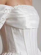 White Satin A-Line Off-the-Shoulder Criss-Cross Straps Mini Homecoming Dress with Beading - Curvevia