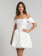 White Satin A-Line Off-the-Shoulder Criss-Cross Straps Mini Homecoming Dress with Beading - Curvevia
