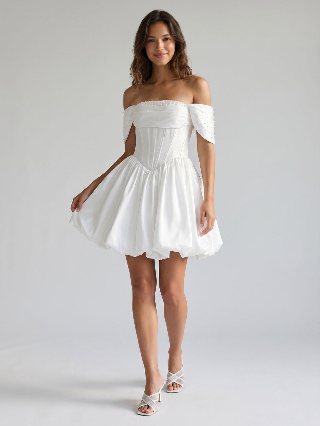 White Satin A-Line Off-the-Shoulder Criss-Cross Straps Mini Homecoming Dress with Beading - Curvevia