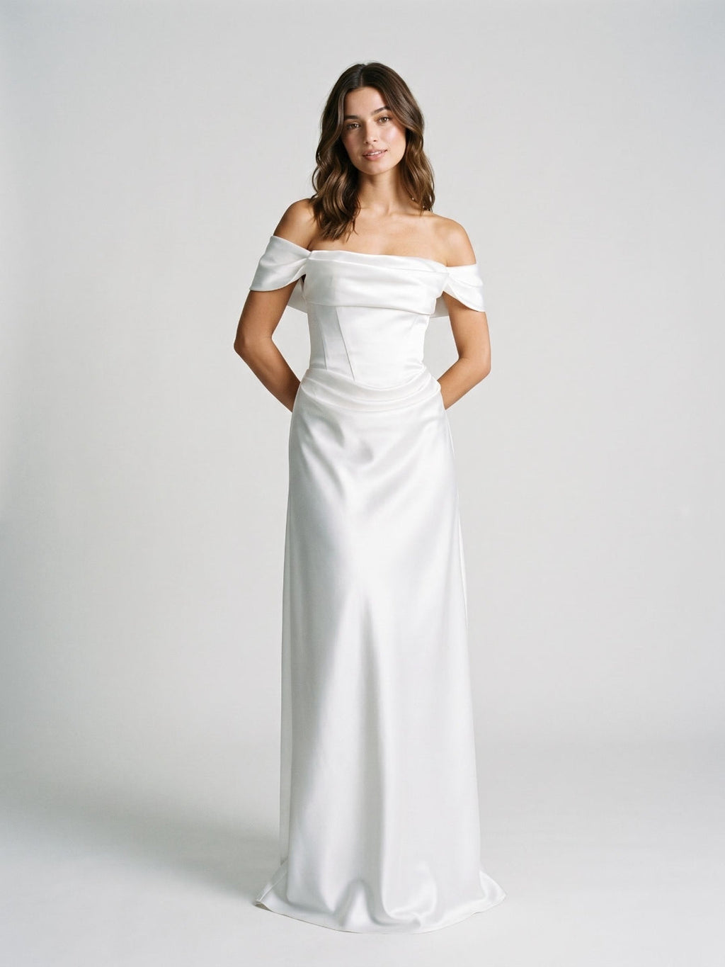 White Satin A-Line Off-the-Shoulder Side Zip Floor-Length Dress - Curvevia