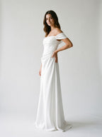 White Satin A-Line Off-the-Shoulder Side Zip Floor-Length Dress - Curvevia