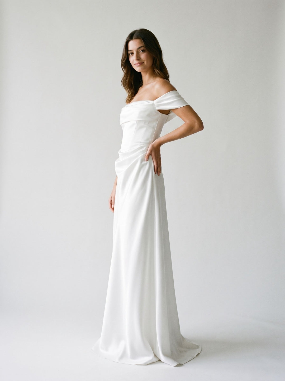 White Satin A-Line Off-the-Shoulder Side Zip Floor-Length Dress - Curvevia
