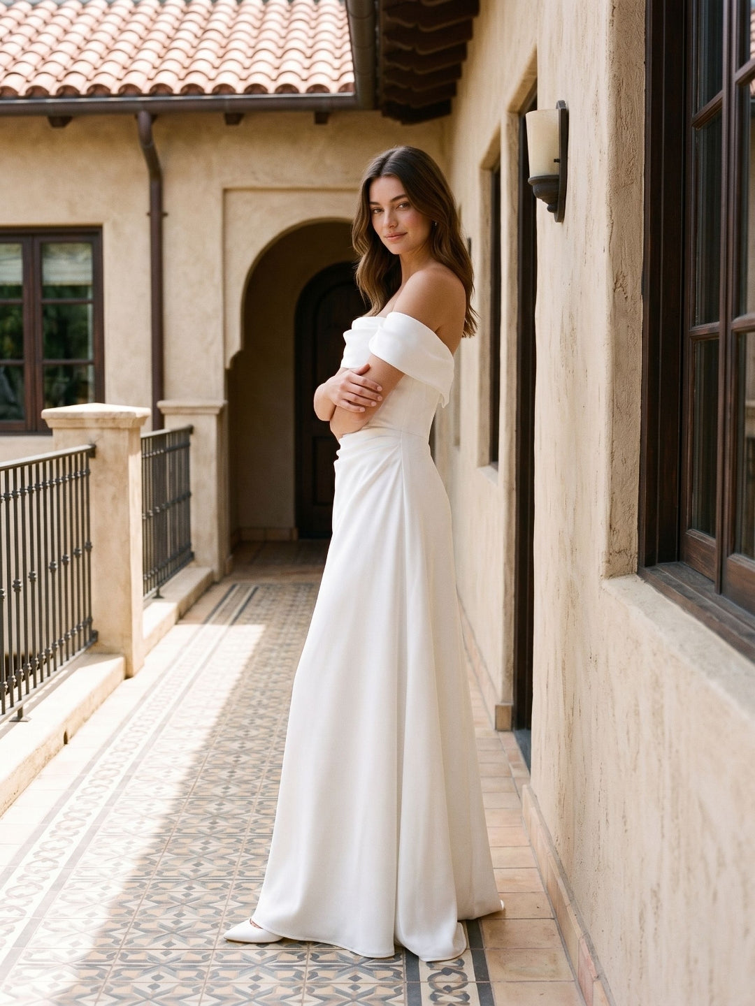 White Satin A-Line Off-the-Shoulder Side Zip Floor-Length Dress - Curvevia