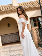 White Satin A-Line Off-the-Shoulder Side Zip Floor-Length Dress - Curvevia