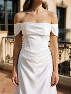 White Satin A-Line Off-the-Shoulder Side Zip Floor-Length Dress - Curvevia