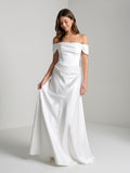 White Satin A-Line Off-the-Shoulder Side Zip Floor-Length Dress - Curvevia