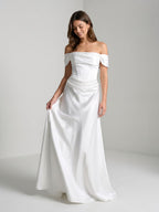 White Satin A-Line Off-the-Shoulder Side Zip Floor-Length Dress - Curvevia