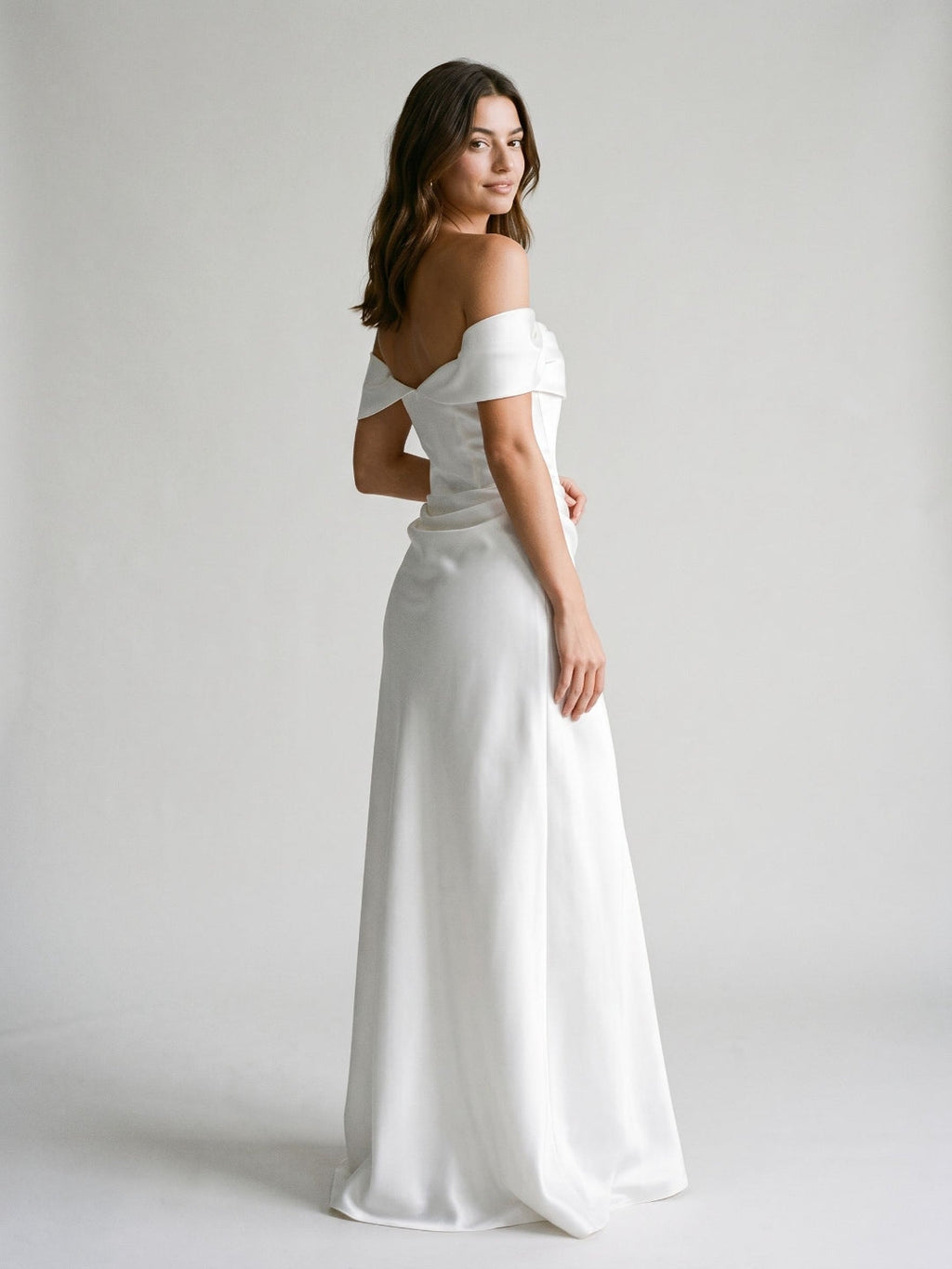 White Satin A-Line Off-the-Shoulder Side Zip Floor-Length Dress - Curvevia