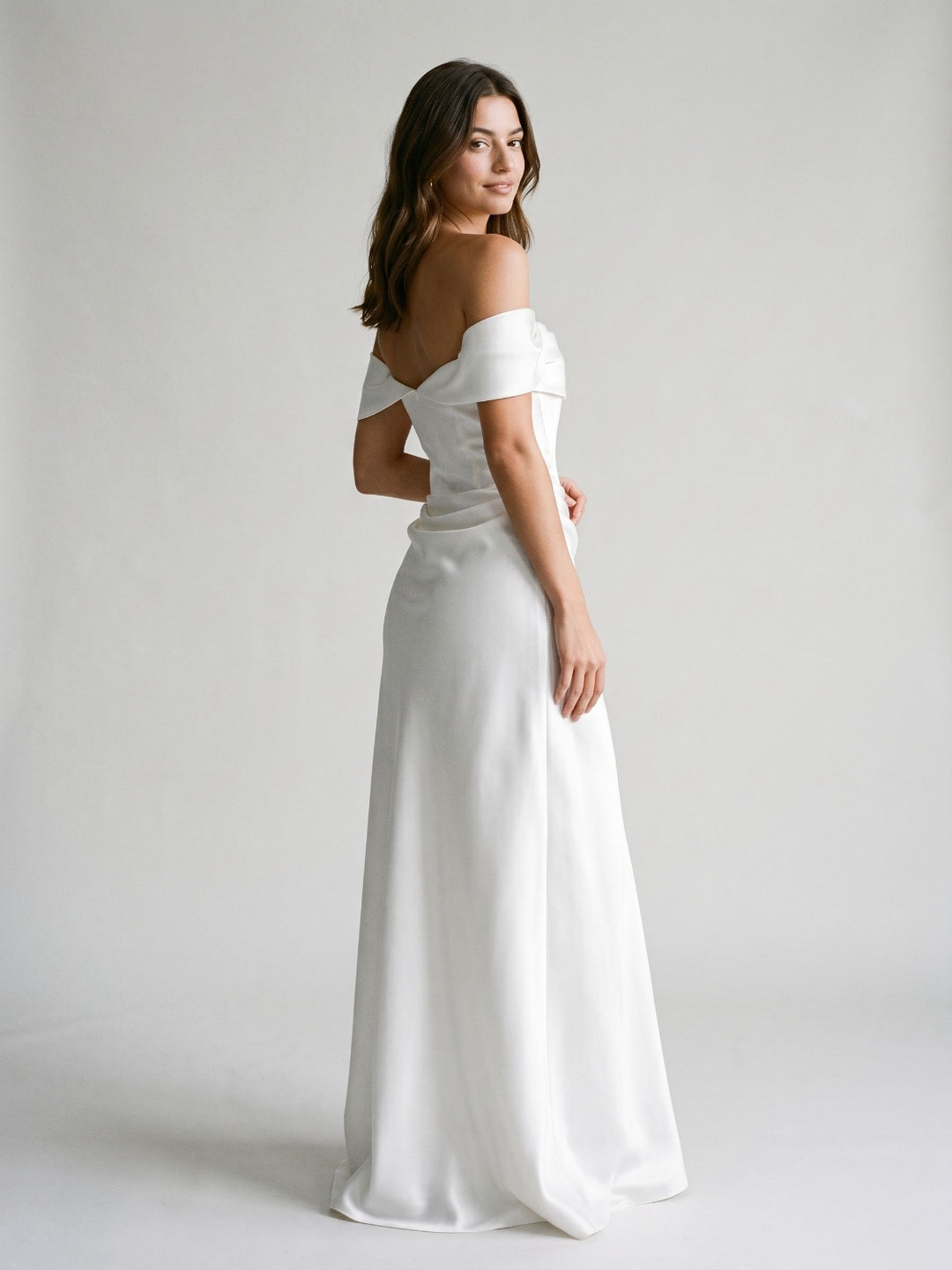White Satin A-Line Off-the-Shoulder Side Zip Floor-Length Dress - Curvevia