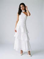 White Satin A-Line One Shoulder Side Zip Ankle-Length Evening Dress with Cascading Ruffles - Curvevia