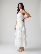 White Satin A-Line One Shoulder Side Zip Ankle-Length Evening Dress with Cascading Ruffles - Curvevia