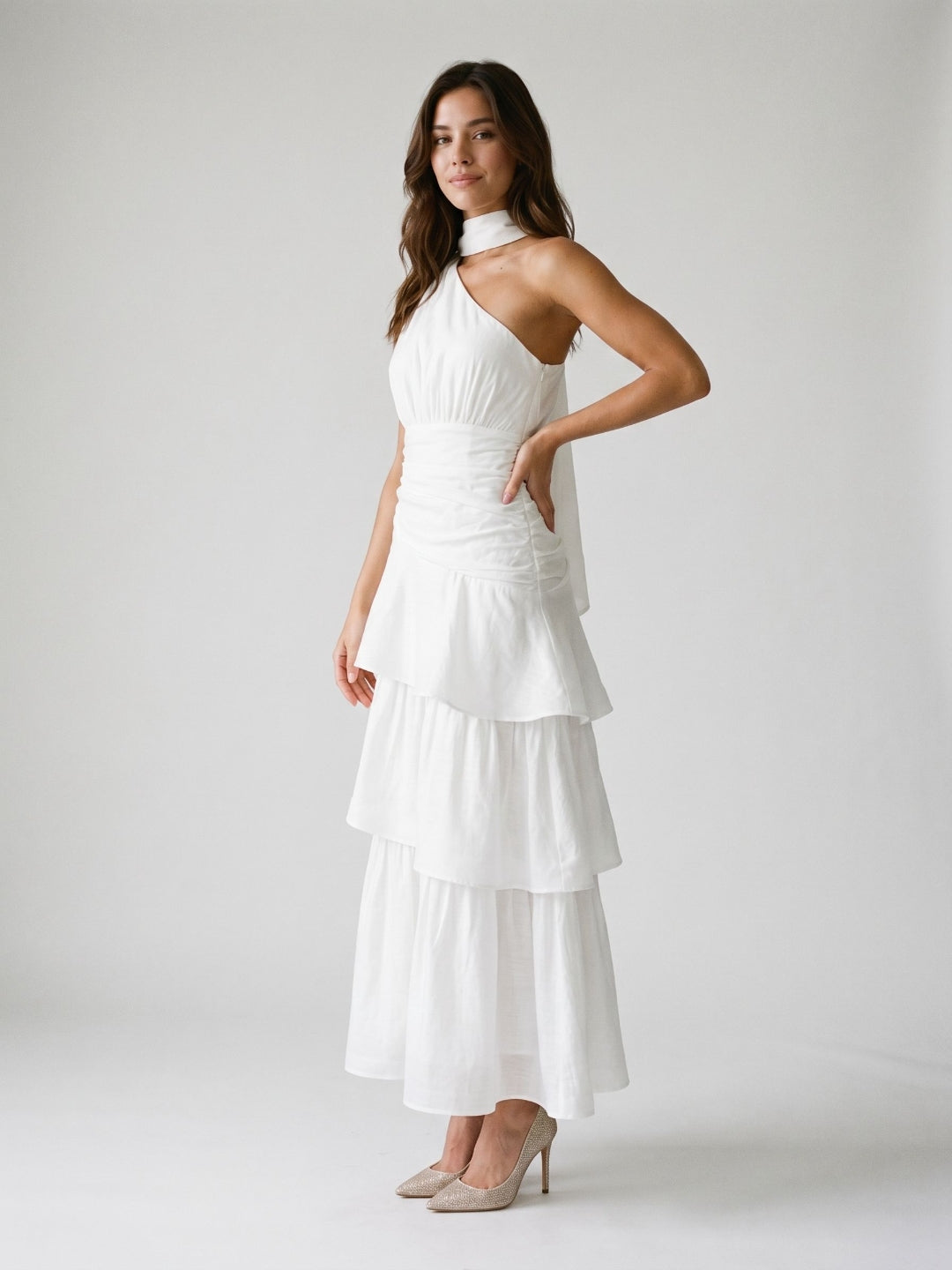 White Satin A-Line One Shoulder Side Zip Ankle-Length Evening Dress with Cascading Ruffles - Curvevia