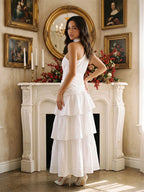 White Satin A-Line One Shoulder Side Zip Ankle-Length Evening Dress with Cascading Ruffles - Curvevia