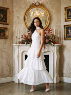 White Satin A-Line One Shoulder Side Zip Ankle-Length Evening Dress with Cascading Ruffles - Curvevia