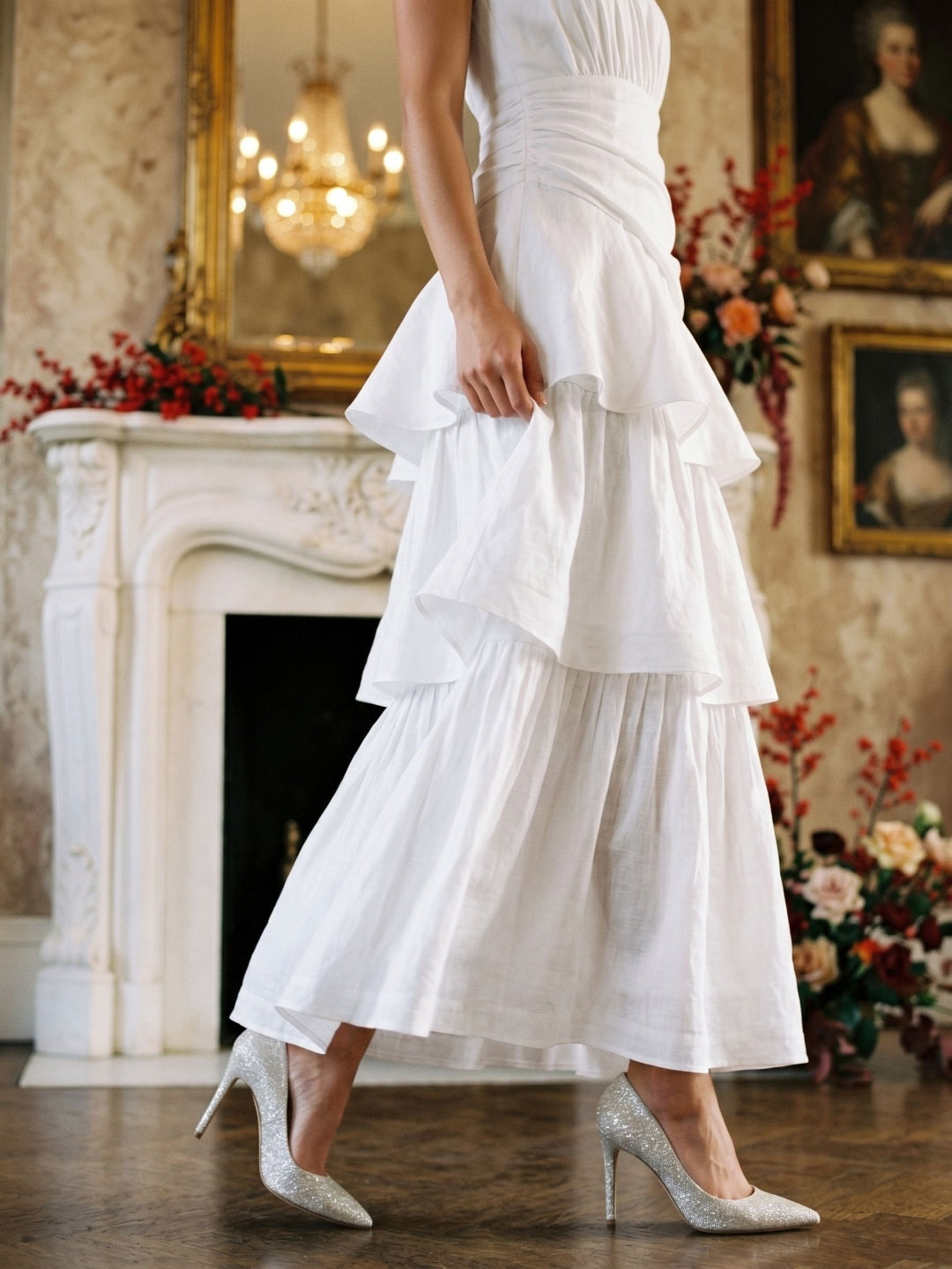 White Satin A-Line One Shoulder Side Zip Ankle-Length Evening Dress with Cascading Ruffles - Curvevia