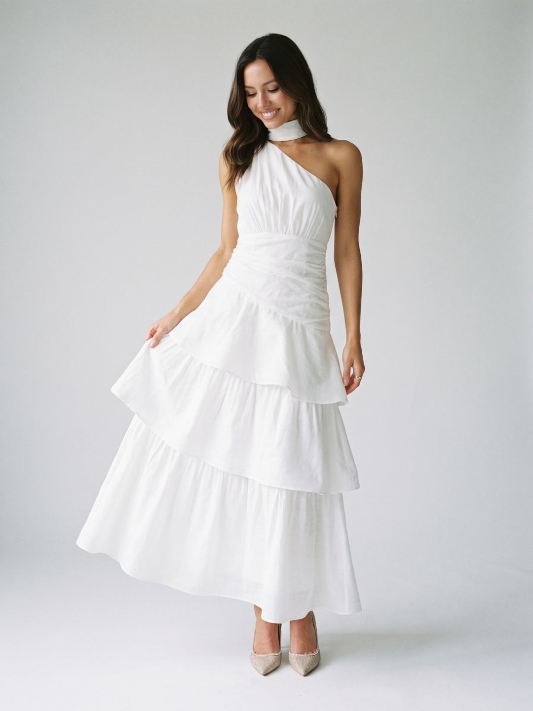White Satin A-Line One Shoulder Side Zip Ankle-Length Evening Dress with Cascading Ruffles - Curvevia