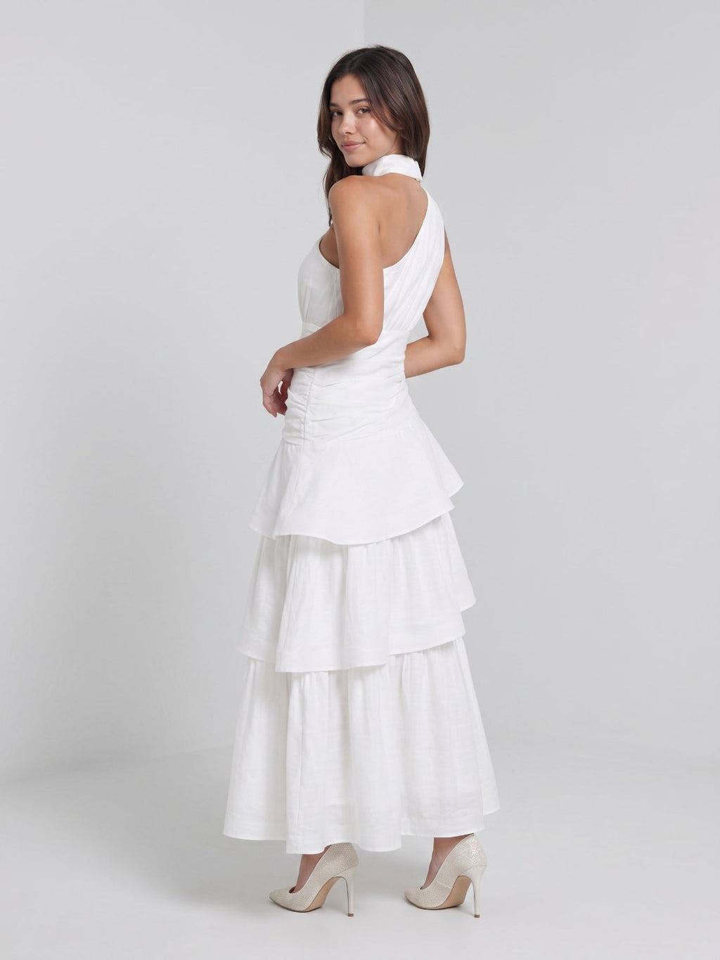 White Satin A-Line One Shoulder Side Zip Ankle-Length Evening Dress with Cascading Ruffles - Curvevia