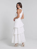 White Satin A-Line One Shoulder Side Zip Ankle-Length Evening Dress with Cascading Ruffles - Curvevia