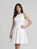 White Satin A-Line Scoop Neck Short Dress with Pleating - Curvevia