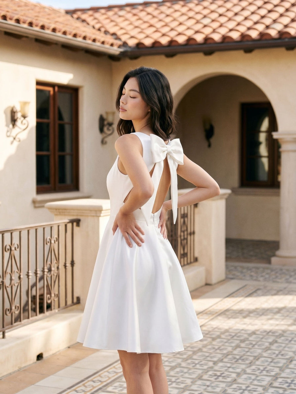 White Satin A-Line Scoop Neck Short Dress with Pleating - Curvevia