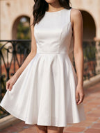 White Satin A-Line Scoop Neck Short Dress with Pleating - Curvevia