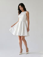 White Satin A-Line Scoop Neck Short Dress with Pleating - Curvevia