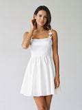 White Satin A-Line Square Neck Back Zip Mini Homecoming Dress with Bow - Curvevia