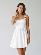White Satin A-Line Square Neck Back Zip Mini Homecoming Dress with Bow - Curvevia