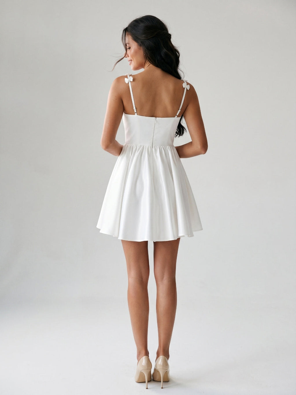 White Satin A-Line Square Neck Back Zip Mini Homecoming Dress with Bow - Curvevia