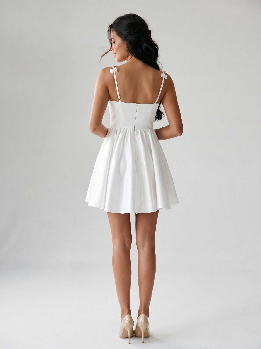 White Satin A-Line Square Neck Back Zip Mini Homecoming Dress with Bow - Curvevia
