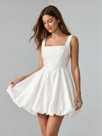 White Satin A-Line Square Neck Back Zip Mini Homecoming Dress with Pleats - Curvevia