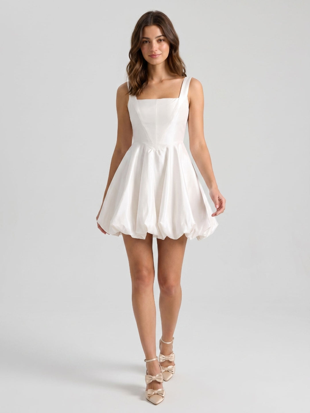 White Satin A-Line Square Neck Back Zip Mini Homecoming Dress with Pleats - Curvevia