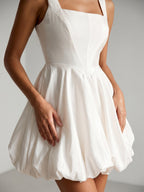 White Satin A-Line Square Neck Back Zip Mini Homecoming Dress with Pleats - Curvevia