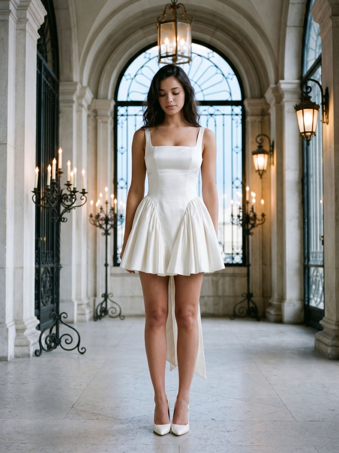 White Satin A-Line Square Neck Backless Short Birthday Dress with Bow - Curvevia