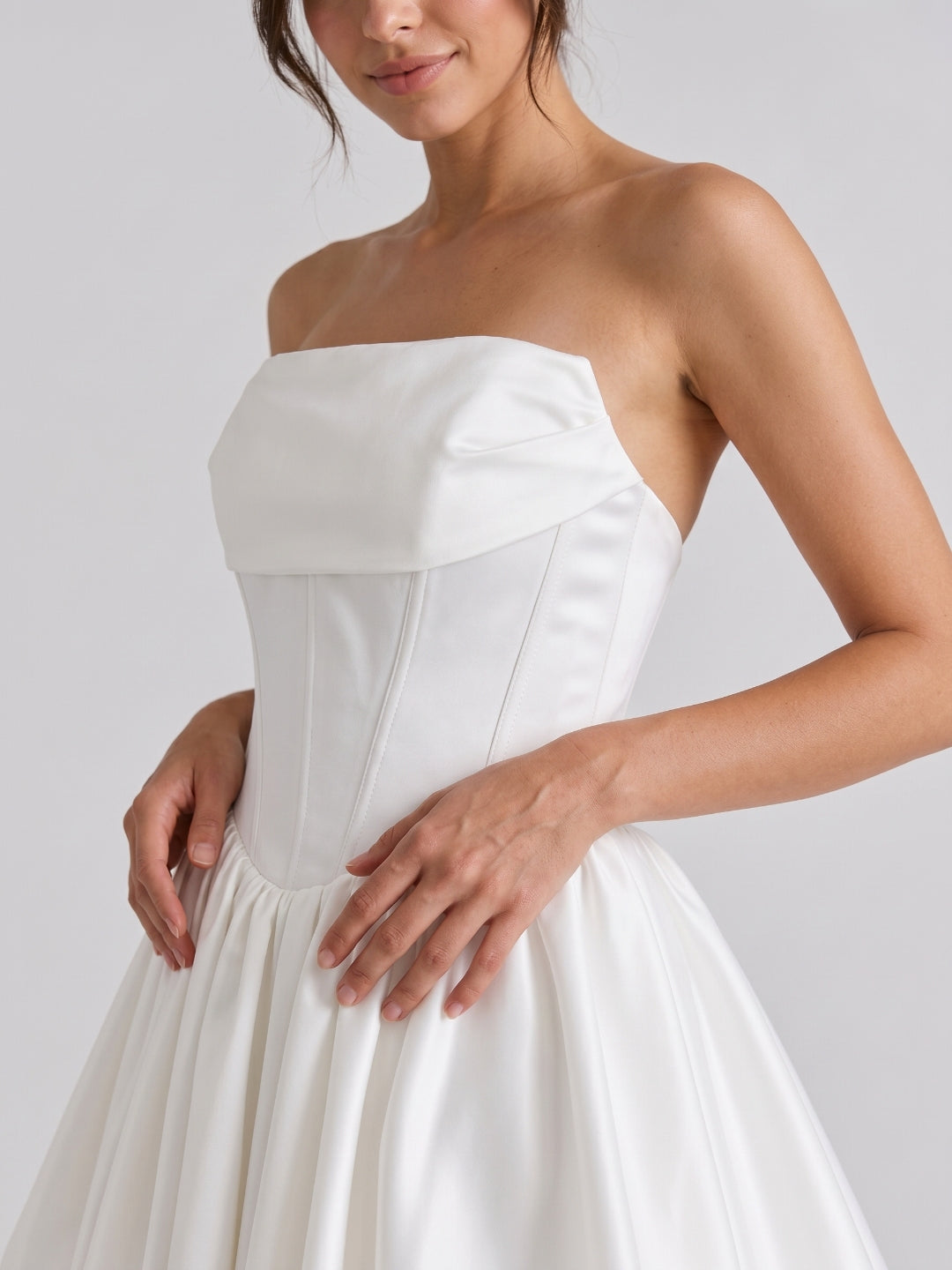 White Satin A-Line Straight Neck Back Zip Mini Homecoming Dress with Pleats - Curvevia