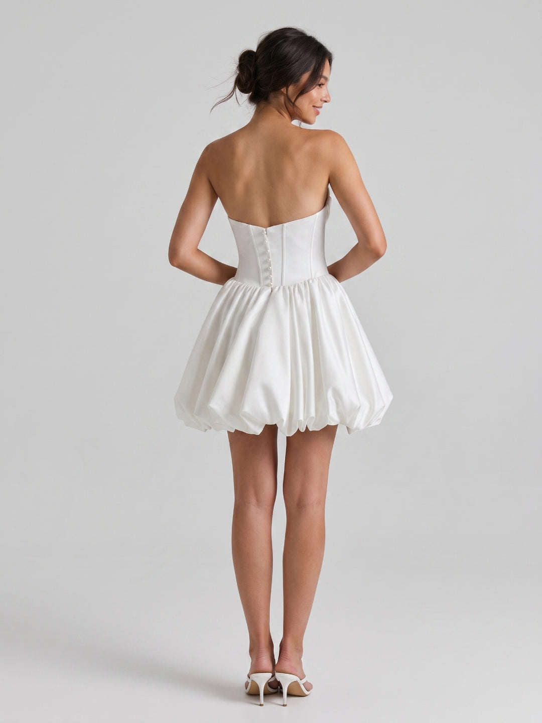 White Satin A-Line Straight Neck Back Zip Mini Homecoming Dress with Pleats - Curvevia