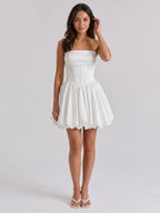 White Satin A-Line Straight Neck Back Zip Mini Homecoming Dress with Pleats - Curvevia
