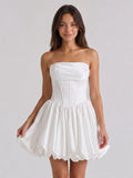 White Satin A-Line Straight Neck Back Zip Mini Homecoming Dress with Pleats - Curvevia