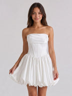 White Satin A-Line Straight Neck Back Zip Mini Homecoming Dress with Pleats - Curvevia