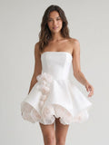 White Satin A-Line Straight Neck Backless Short Homecoming Dress with 3D Flowers - Curvevia