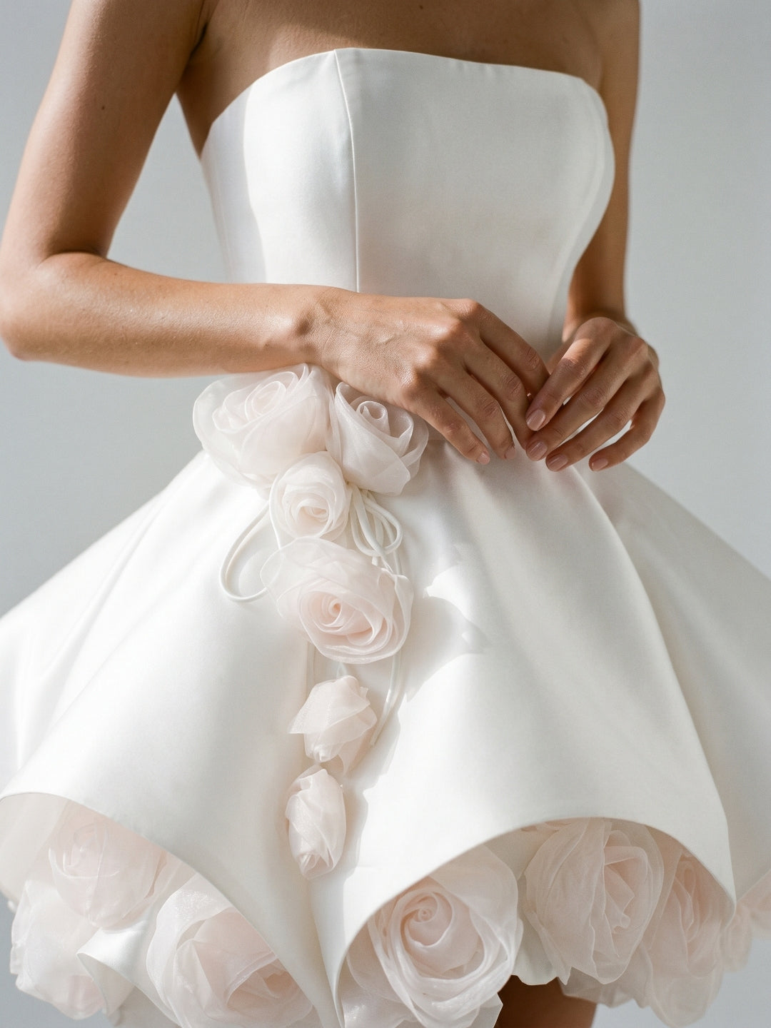 White Satin A-Line Straight Neck Backless Short Homecoming Dress with 3D Flowers - Curvevia
