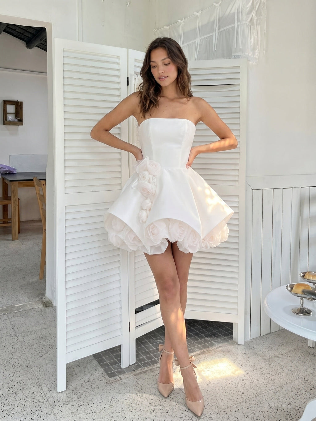 White Satin A-Line Straight Neck Backless Short Homecoming Dress with 3D Flowers - Curvevia