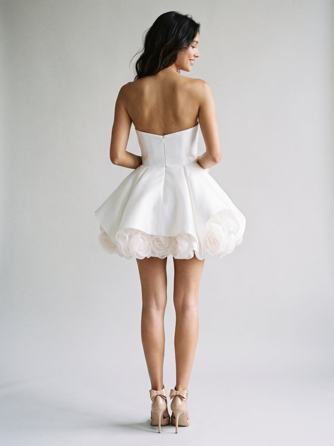 White Satin A-Line Straight Neck Backless Short Homecoming Dress with 3D Flowers - Curvevia