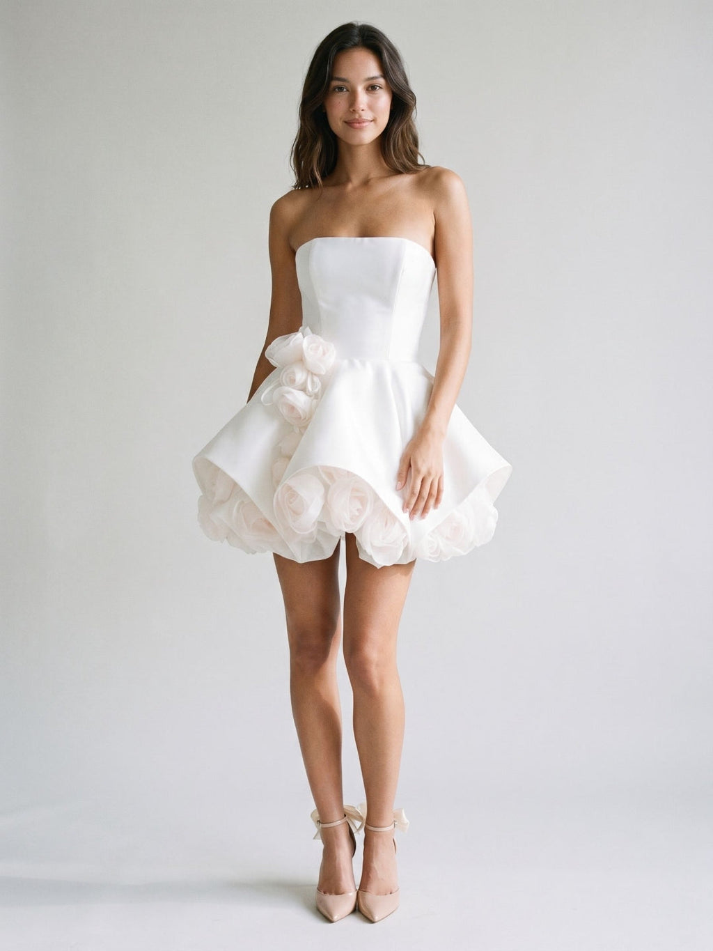 White Satin A-Line Straight Neck Backless Short Homecoming Dress with 3D Flowers - Curvevia