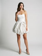 White Satin A-Line Straight Neck Criss-Cross Straps Short Dress with Pleating - Curvevia