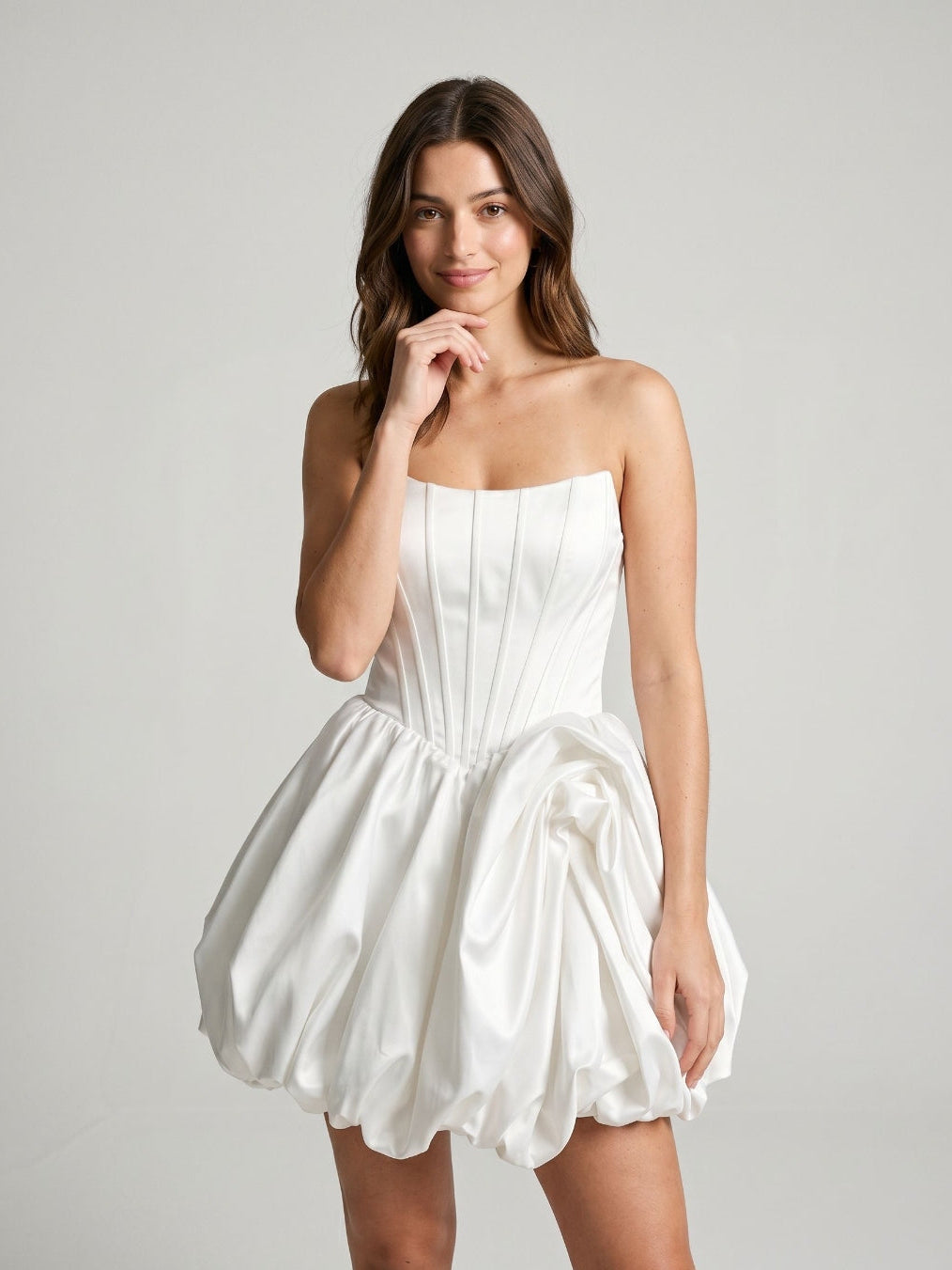 White Satin A-Line Straight Neck Criss-Cross Straps Short Dress with Pleating - Curvevia